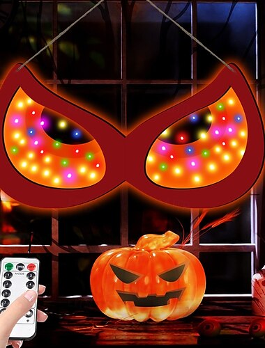  Decorațiuni de Halloween cu lumini cu ochi înfricoșători, lumini mari din lemn pentru fereastră de Halloween de 20 de inch, cu 7 moduri de culoare și funcționare USB/baterie pentru casă, perete, fereastră, copaci, decor de Halloween