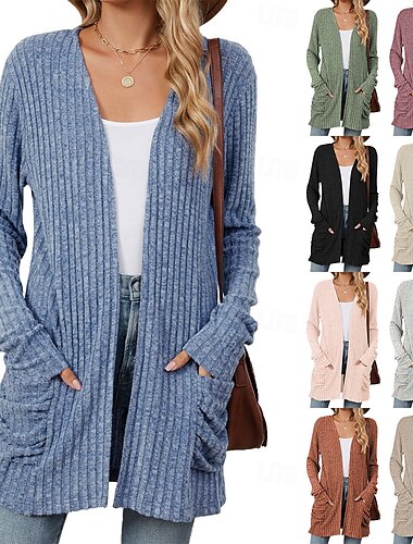  Per donna Felpa Cardigan Elegante Moda Streetwear Colore Puro Aperto davanti Tasca Lavorato a maglia Manica Lunga Top Regolari Maglia All'aperto Quotidiano Weekend Rosa Blu Autunno Inverno