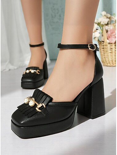  Damen-Loafer im Vintage-Stil der 1950er mit klobigem Absatz und Plateausohle – cremefarbene Pumps aus Kunstleder mit runder Spitze, Perlenquaste und Knöchelriemen für Hochzeiten, Partys und formelle Anlässe