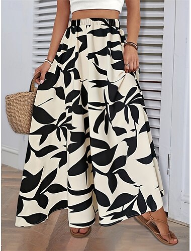  Damen Rock A-Linie Mode Lässig Maxi Hohe Taille Röcke Bäume / Blätter Tasche Druck Dehnbar Straße Täglich Weiß Grün Sommer Polyester