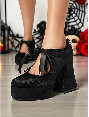  Damen-Plateauschuhe aus Samt im viktorianischen Gothic-Stil des 19. Jahrhunderts – burgunderfarbene Mary-Jane-Pumps mit klobiger Sohle und Spitzenbesatz und Schleife für Halloween, Cosplay und