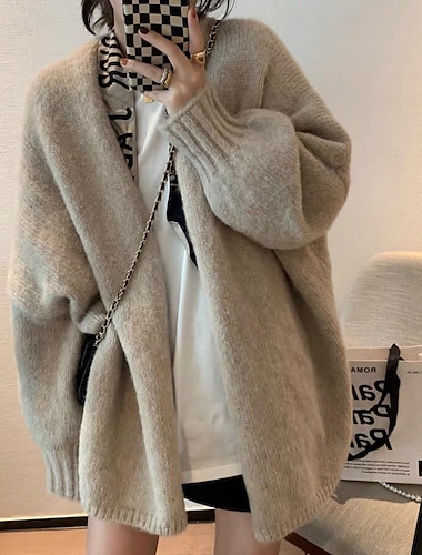  Mujer Cárdigan Casual Suave Color sólido Estriado Escote en Pico De Punto Manga Larga Tops regulares Tejer Festivos Noche Fin de semana Albaricoque Gris Otoño