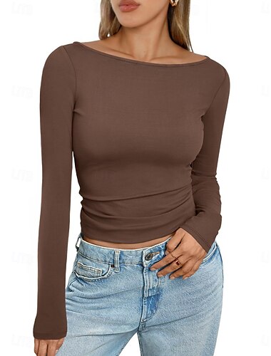  Damen Enge Oberteile Einfarbig Stilvoll Lässig Y2K Langarm Rundhalsausschnitt Crop Tops Täglich Ferien Ausgehen Schwarz Weiß Rosa Braun Sommer Frühling
