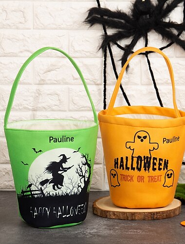  Borsa per dolcetti di Halloween con nome personalizzato per bambini, borsa per caramelle personalizzata per dolcetto o scherzetto, simpatico sacco regalo con cartoni animati per bambini piccoli, borsa