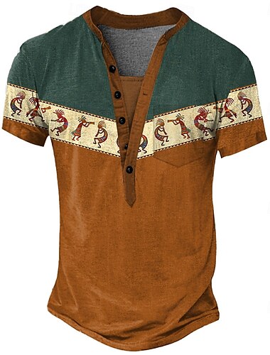  Herren Stammes Ethnisch T Shirt Henley Hemd T-Shirt Kurzarm Designer Basic Ethnisch Outdoor Lässig Täglich Sommer Ganzjahres Dunkelbraun Hellgrün Dunkelgrün Henley Henley T-Shirt