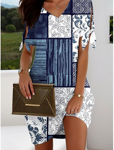  Damen Minikleid T-Shirt-Kleid A Linie Kleid Sportliches Kleid Lässig Normale Passform Grafik Geometrisch Kurzarm V Ausschnitt Kastanienbraun Marineblau Khaki Sommer