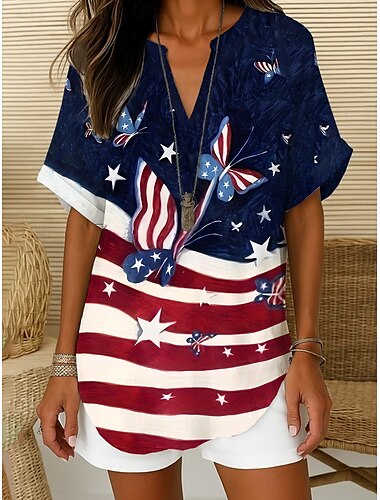  Unabhängigkeitstag Frauen Patriotic Vierte Juli Bluse Ombre Grafik Flagge Elegant Vintage Tropisch Kurze Ärmel V-Ausschnitt Eingekerbter Hals Reguläre Tops Täglich Urlaub Weiß Rot Marineblau Blau