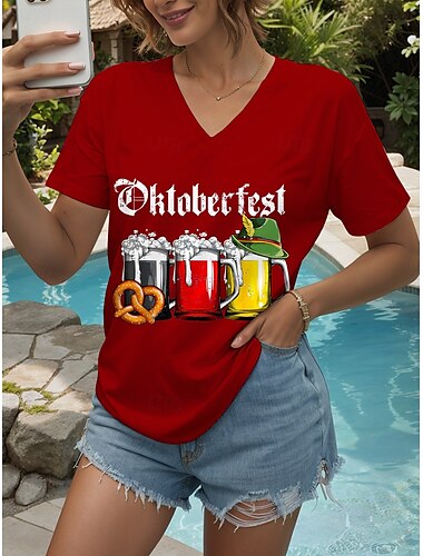  Oktoberfest Damen T Shirt Grafik Buchstabe Vintage Stilvoll Klassisch Kurzarm V Ausschnitt Normale Oberteile Täglich Druck Schwarz Weiß Gelb Rote Blau Sommer Frühling