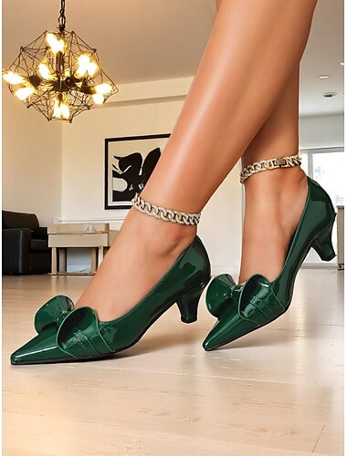  saltos finos com laço verde escuro para mulheres – saltos médios de couro envernizado, estilo vintage para trabalho, festas e ocasiões elegantes