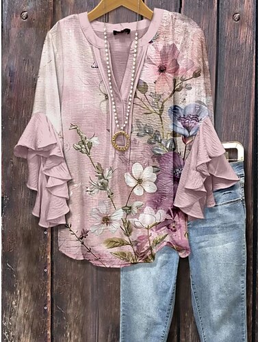  Damen Hemd Blumen Stilvoll Modern Dreiviertelarm V Ausschnitt Normale Oberteile Täglich Ferien Rüsche Druck Hellgrün Rosa Blau Grün Sommer