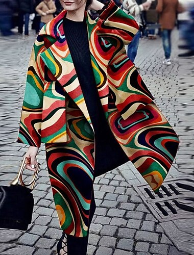  Damen Trenchcoat Bequem Tasche Druck Mode Modern Blumen Outdoor Urlaub Offene Vorderseite Lang Umlegekragen Normale Passform Langarm Oberbekleidung Rote Purpur Grün Herbst Winter