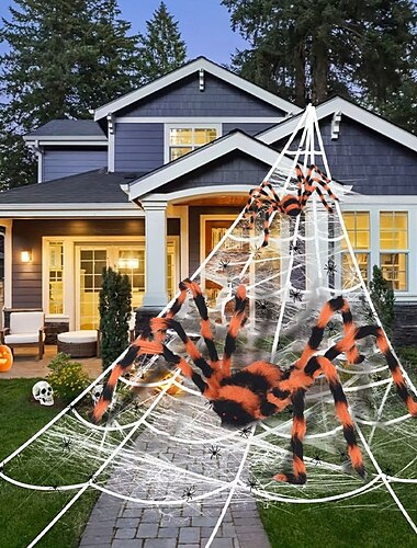  Halloween-dekorasjon edderkopp, utendørs halloween-edderkopp oransje svart stripete dekorasjoner, myk hårete skummel edderkopp realistisk stor edderkopp rekvisitter til hjem, hage, fest skummel