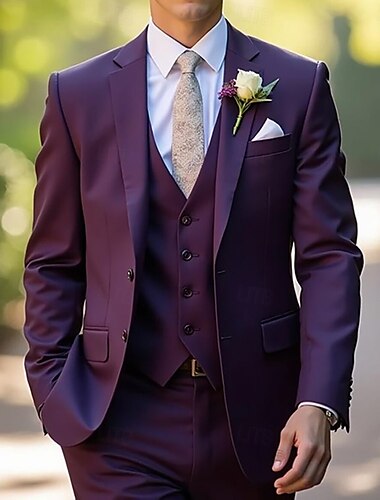  Pour des hommes Mariage Tenue de soirée Costumes Pourpre Gris foncé Mode Formel Couleur Unie Coupe Standard 3 pièces Simple Boutonnage Deux Boutons