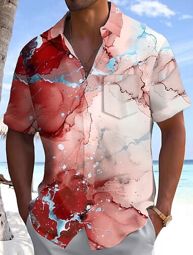  Herren Geometrisch Abstrakt Marmor Hemd Sommerhemd Knopfhemd Kurzarm Modisch lässig Outdoor Urlaub Alltagskleidung Sommer Frühling Umlegekragen 3D-Druck Hemden mit Kragen Eine Tasche vorne Gelb Rote