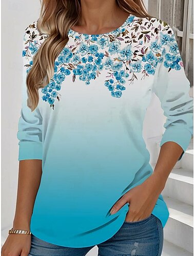  Damen T Shirt Blumen Grafik Pflanzen Vintage Stilvoll Klassisch Langarm Rundhalsausschnitt Rundhals Normale Oberteile Täglich Wochenende Druck Gelb Hellgrün Blau Himmelblau Purpur Sommer