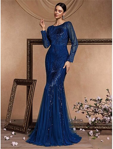 Abiti da Quinceanera a sirena  tromba abito elegante formale da matrimonio lunghezza a terra a maniche lunghe collo giro in poliestere con paillettes