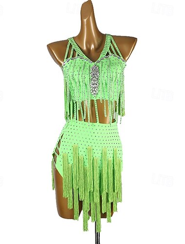  Lateinamerikanischer Tanz Kleid Quaste Kristalle / Strasssteine Damen Leistung Alltagskleidung Ärmellos Spandex