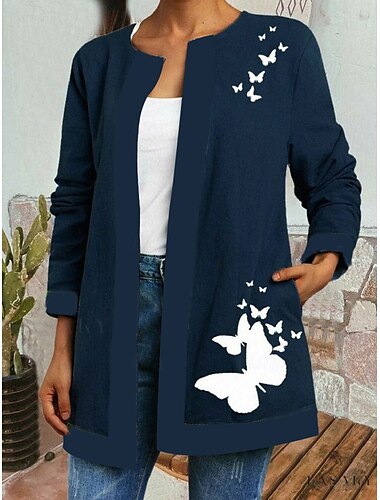  Damen Blazer Arbeit Druck Geometrisch Bequem Elegant Normale Passform Oberbekleidung Langarm Herbst Meerblau S