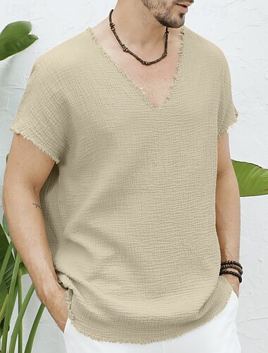  Herren T Shirt T-Shirt Kurzarmshirt Kurzarm V Ausschnitt Sommer Einfach Mode Designer Basic Falten Urlaub Straße Ausgehen Weiß Khaki Top T-Shirt für Herren
