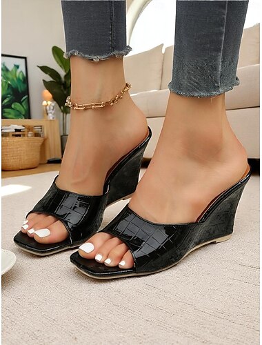  Schwarze Pantoletten mit Krokodilprägung für Damen, offene Zehenpartie, quadratischer Absatz, für lässige Sommerausflüge und schicke Büro-Looks