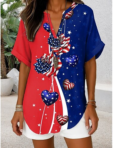 Unabhängigkeitstag Frauen Patriotic Fourth of July Bluse Grafische Flagge Vintage Täglich Stilvoll Kurzarm V-Ausschnitt Reguläre Oberteile Täglich Urlaub Denim Blau Rot Blau Staubiges Blau Sommer