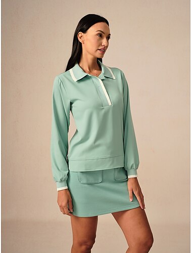  Damen poloshirt Schwarz Minzgrün Langarm Hemd Damen-Golfkleidung, Kleidung, Outfits, Kleidung