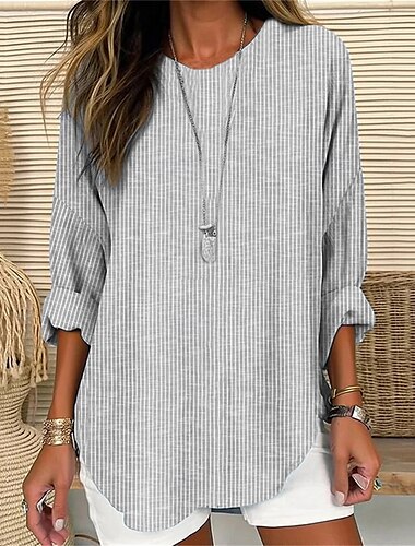  Damen T Shirt T-Shirt Gestreift Mode Modern Langarm Rundhalsausschnitt Normale Oberteile Täglich Blau Grau Sommer Frühling