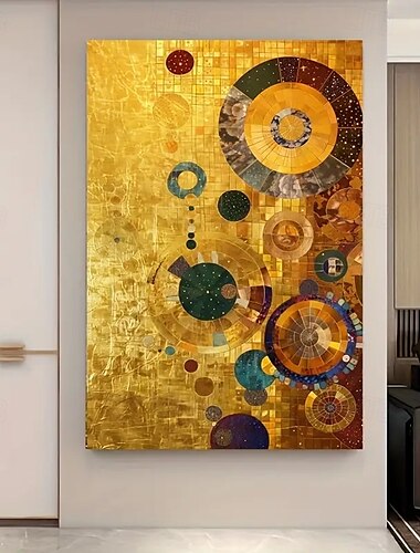 große rahmenlose abstrakte Leinwandkunst mit goldenen Kreisen – modernes geometrisches Gemälde in Gold, Blau, Grün und Mehrfarbig für die Dekoration von Wohn- und Schlafzimmer, große Leinwandkunst