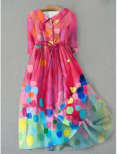  Damen Midikleid A Linie Kleid Figurbetontes Kleid Lässig Täglich Date Normale Passform Grafik Geometrisch Halbarm Hemdkragen Dunkelpink Purpur Orange Sommer Frühling
