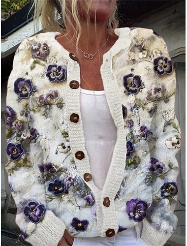  Mujer Pulóveres Cárdigan Elegante Moda Ropa de calle Floral Cuello Barco Bolsillo De Punto Estampado Manga Larga Tops regulares Tejer Exterior Diario Fin de semana Blanco Azul Piscina Otoño Invierno