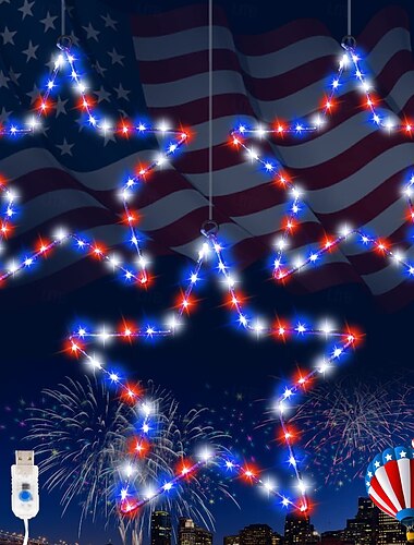  1 stuk patriottische hanglampen van smeedijzer, rood, wit, blauw, vijfpuntige ster, 4 juli, Amerikaanse onafhankelijkheidsdag, vitrine, binnenplaats, balkon, veranda, feest, patriottische sfeer, afstandsbediening