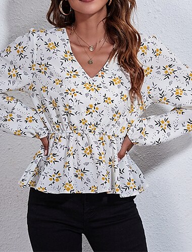  Damen Sommeroberteile Chiffon Tops Grafik Täglich Stilvoll Basic Langarm Laternenärmel V Ausschnitt Normale Oberteile Arbeit Täglich Ferien Druck Schwarz Gelb Blau Frühling Herbst