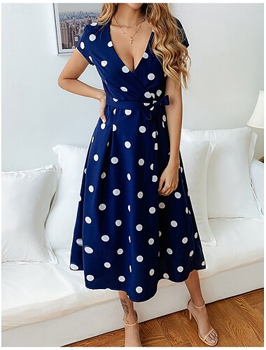  Damen Midikleid A Linie Kleid Lässig Outdoor Ausgehen Standard Passform Tupfen Kurzarm V Ausschnitt Weiß Wein Marineblau Sommer Frühling