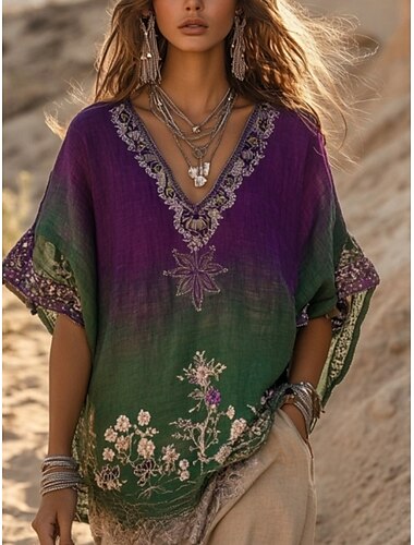  γυναικεία μπλούζα western boho πουκάμισο μπλούζα λουλούδι μοντέρνο casual μανίκι 3/4 μήκος ντεκολτέ V κανονικό τοπ καθημερινά διακοπές έξοδος print μωβ καλοκαίρι φθινόπωρο