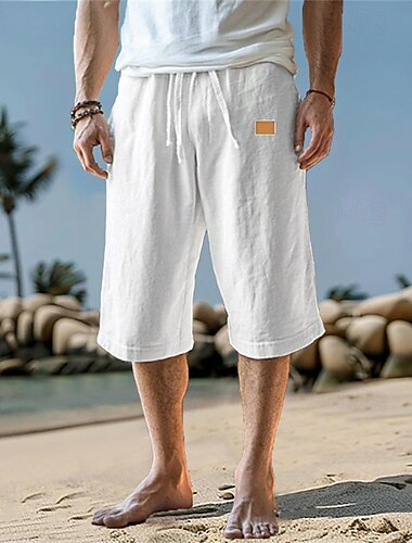  Homme Pantalon capri Shorts en Lin Shorts d'été Shorts de plage Cordon de serrage Avec Poches Taille Élastique Uni Confort Respirant Longueur mollet Plage Vacances Fête Hawaïen Boho Blanche Gris