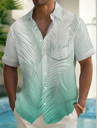  Herren Farbverlauf Tropisch Palmblatt Sommer Hawaiihemd Knopfhemd Alohahemd Kurzarm Hawaiianisch Ferien Strandbekleidung Sommer Frühling Umlegekragen 3D-Druck Hemden mit Kragen Eine Tasche vorne Blau