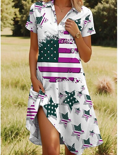  Unabhängigkeitstag Damen Patriotisches Midi-Kleid Vierter Juli A-Linie Kleid Urlaub Lässig Strand Täglich Strand Reguläre Passform Grafik Sterne und Streifen Kurzarm V-Ausschnitt Rot Blau Lila Grün