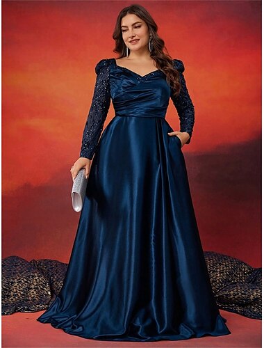  A-Linje Plus Size Klänningar Elegant Curve Klänning Formell Bröllop Golvlängd Långärmad Hjärta Satin med Fållar 2025