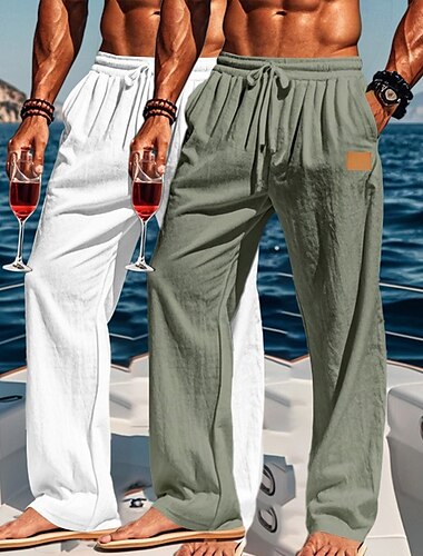  Herren Leinenhosen Hose Sommerhose Baggy-Hosen Strandhose Kordelzug Elastischer Bund Gerader Schnitt Einfach Komfort Atmungsaktiv Volle Länge Outdoor Ferien Strand Urlaub Mode White + himmelblau