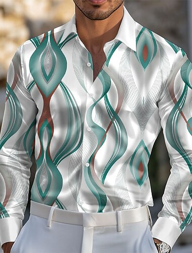  Herren Geometrisch Farbverlauf Wellen Satinhemd Kleidhemd Knopfhemd Langarm Modisch lässig Urlaub Ferien Sommer Frühling Herbst Umlegekragen Hemden mit Kragen 3D-Druck Wein Blau Grün Grau
