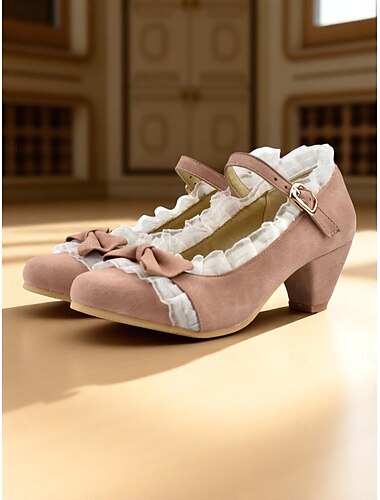  damskie buty na obcasie typu Mary Jane z lat 50. - niebieskie zamszowe buty typu lolita z kokardkami i koronkowymi wykończeniami na przyjęcia herbaciane, cosplay lub modę retro