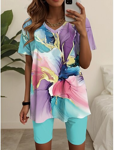  Completi moda da donna 2 pezzi set t-shirt e pantaloni corti maniche corte scollo a V stampa grafica geometrica quotidiano casual blu verde estate vestibilità regolare