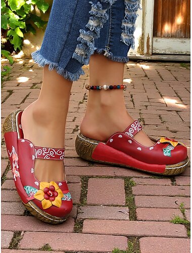  Damen-Slipper-Clogs aus lila geblümtem Leder mit 3D-Blumenapplikation – bequeme Vintage-Schuhe im Bohème-Stil für die Freizeit, Gartenarbeit und Reisen