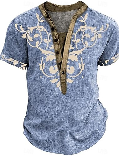  Men's Bohemian Style Ethnic T Shirt Henley Shirt Tee Short Sleeve Designer Basic Ethnic Outdoor Casual Daily Summer Light Blue Henley Henley T-Shirt