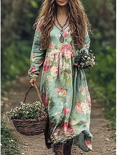 Damen Maxikleid A Linie Kleid Urlaub Lässig Boho Ausgehen Strand Lässiger Schnitt Blumen Grafik Paisley-Muster Langarm V Ausschnitt Rote Blau Grün Grau Sommer Frühling