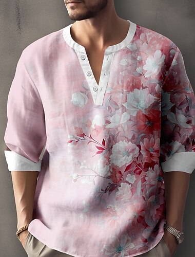  Herren Blumendruck Blumen Hemd Henley Hemd Tunika Langarm Lässig Outdoor Urlaub Täglich Sommer Frühling V Ausschnitt Knopf hoch 3D-Druck Leinenähnliches Hemd Rosa Blau Purpur