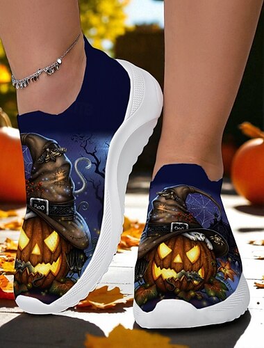  حذاء نسائي سهل الارتداء على شكل قرع الهالوين - حذاء رياضي أزرق من نسيج Flyknit بتصميم Jack-o-lantern لليالي المخيفة والأحداث المسكونة والنزهات الخريفية ذات الطابع الخاص، سارة ريختر