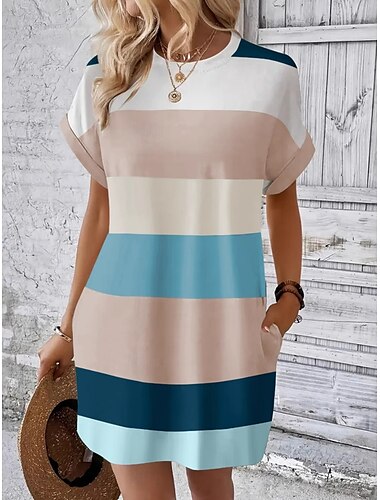  Damen Minikleid T-Shirt-Kleid Shiftkleid Lässig Outdoor Täglich Ferien Normale Passform Gestreift Kurzarm Rundhalsausschnitt Rosa Himmelblau Braun Grün Sommer