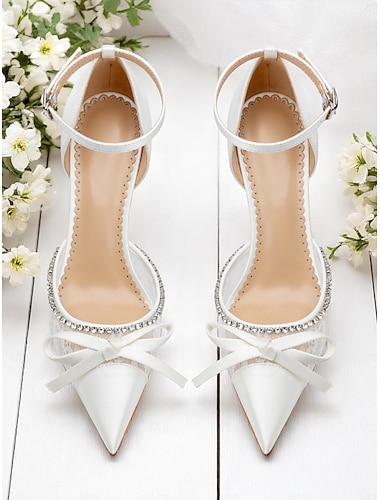  Weiße High Heels aus Satinspitze für Damen, spitze Hochzeitspumps mit Strass und Schleife, elegante Brautschuhe für die formelle Zeremonie