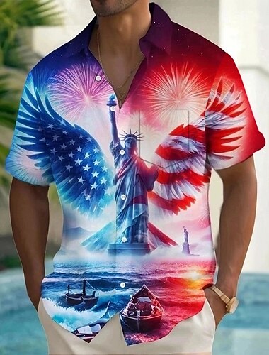  Tag der Unabhängigkeit Herren Freiheitsstatue US Flagge Patriotisch Hemd Sommerhemd Knopfhemd Kurzarm Modisch lässig Ferien Sommer Frühling Umlegekragen 3D-Druck Hemden mit Kragen Eine Tasche vorne